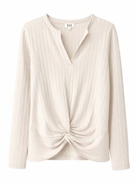 BKE Women's Cream Ribbed Knot-Front Long Sleeve Top